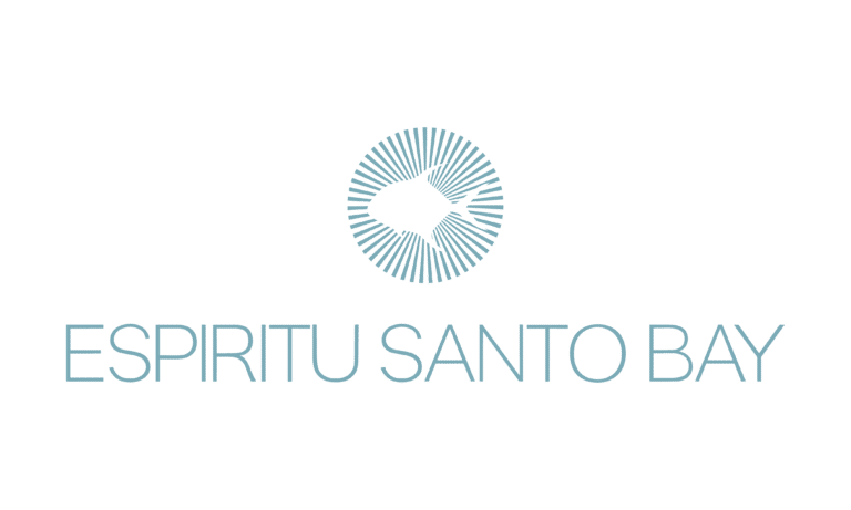 Logo for Espiritu Santo Day: blue circular sunburst with two fish shapes and the text ESPIRITU SANTO DAY