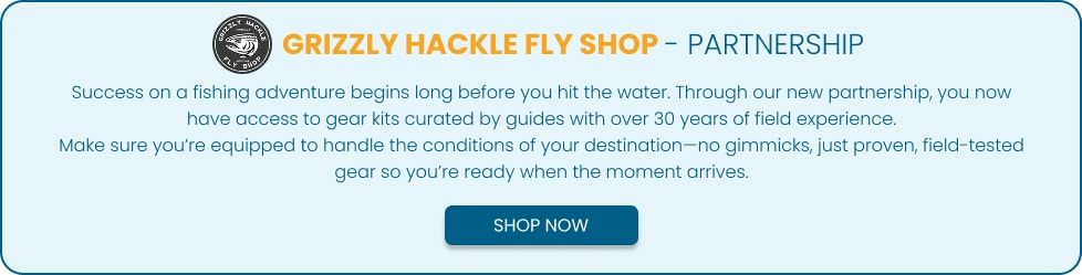 Banner announcing Grizzly Hackle Fly Shop partnership with the logo, title, and descriptive text about gear access, plus a Shop Now button visible in the center.