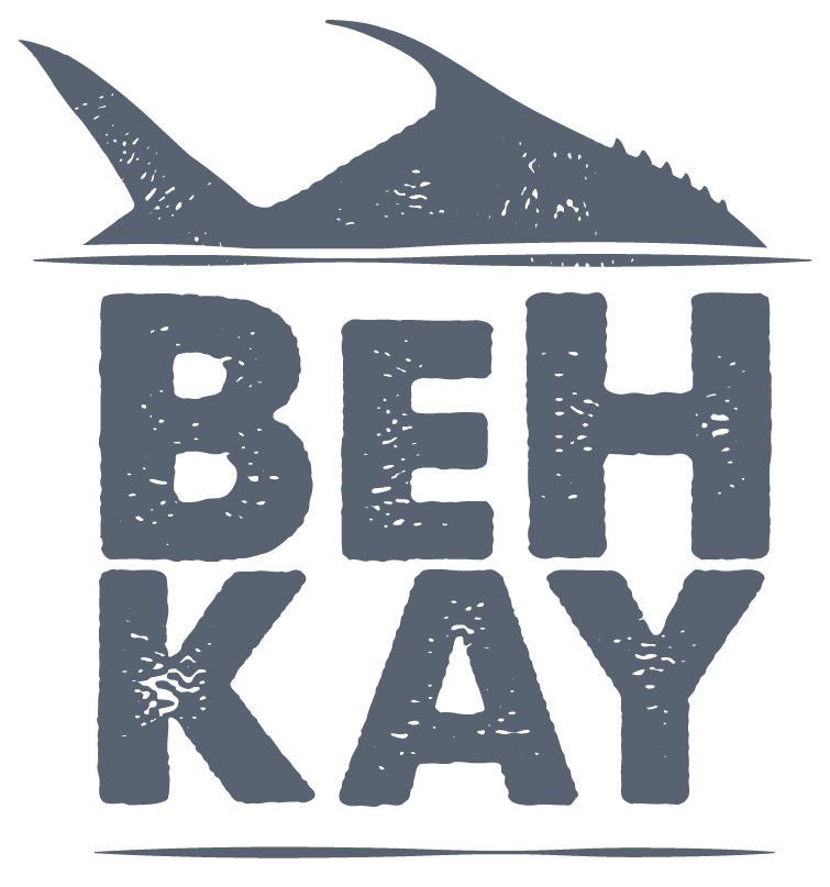 Logo for BEHKAY featuring a stylized fish silhouette above the stacked text 'BEH' over 'KAY', rendered in blue.