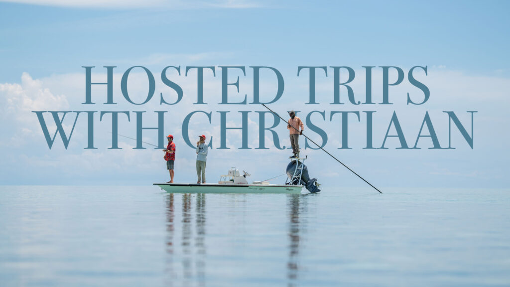 Three people fishing from a boat on a calm ocean with a large blue promotional overlay reading 'Hosted Trips with Christian'