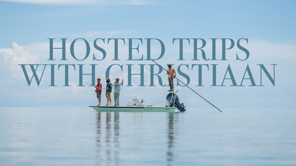 Four anglers stand on a boat fishing on calm blue water, with large blue text reading 'HOSTED TRIPS WITH CHRISTIAN' across the scene.