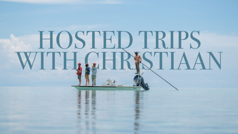 Four anglers stand on a boat fishing on calm blue water, with large blue text reading 'HOSTED TRIPS WITH CHRISTIAN' across the scene.