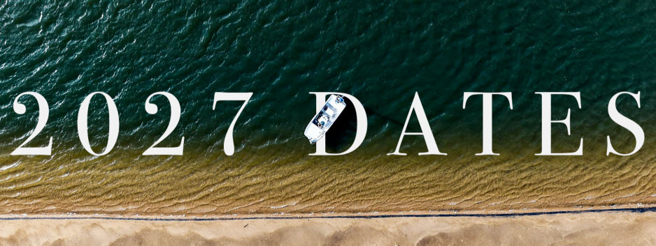 Banner reading '2027 DATES' over a beach and teal ocean; a small boat sits beneath the letters.