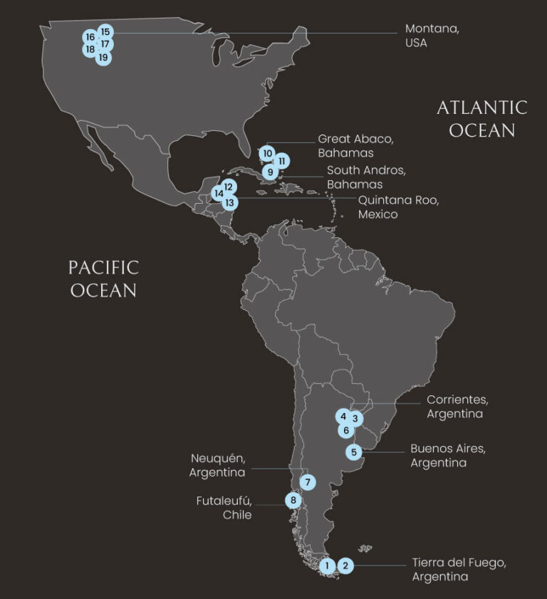 Map of North and South America with 16 light-blue numbered markers indicating sites from Tierra del Fuego to Montana across Atlantic and Pacific coasts.